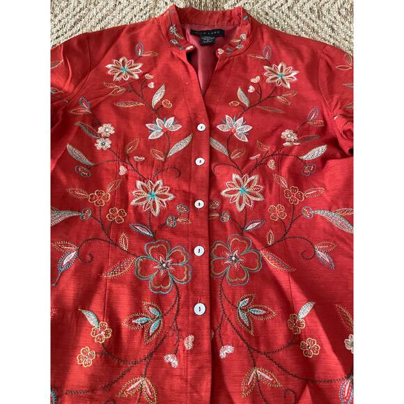 Silk Land Red Floral Embroidered 100% Silk Jacket Blazer 3/4 sleeve SZ Large - Picture 3 of 8